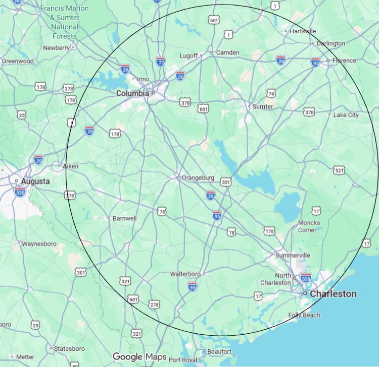 A Google Map of our service area in South Carolina