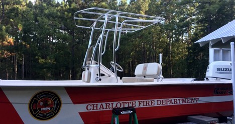 charlotte Fire Dept boat with a top by Commercial Boat Towers in Liberty Hill, SC